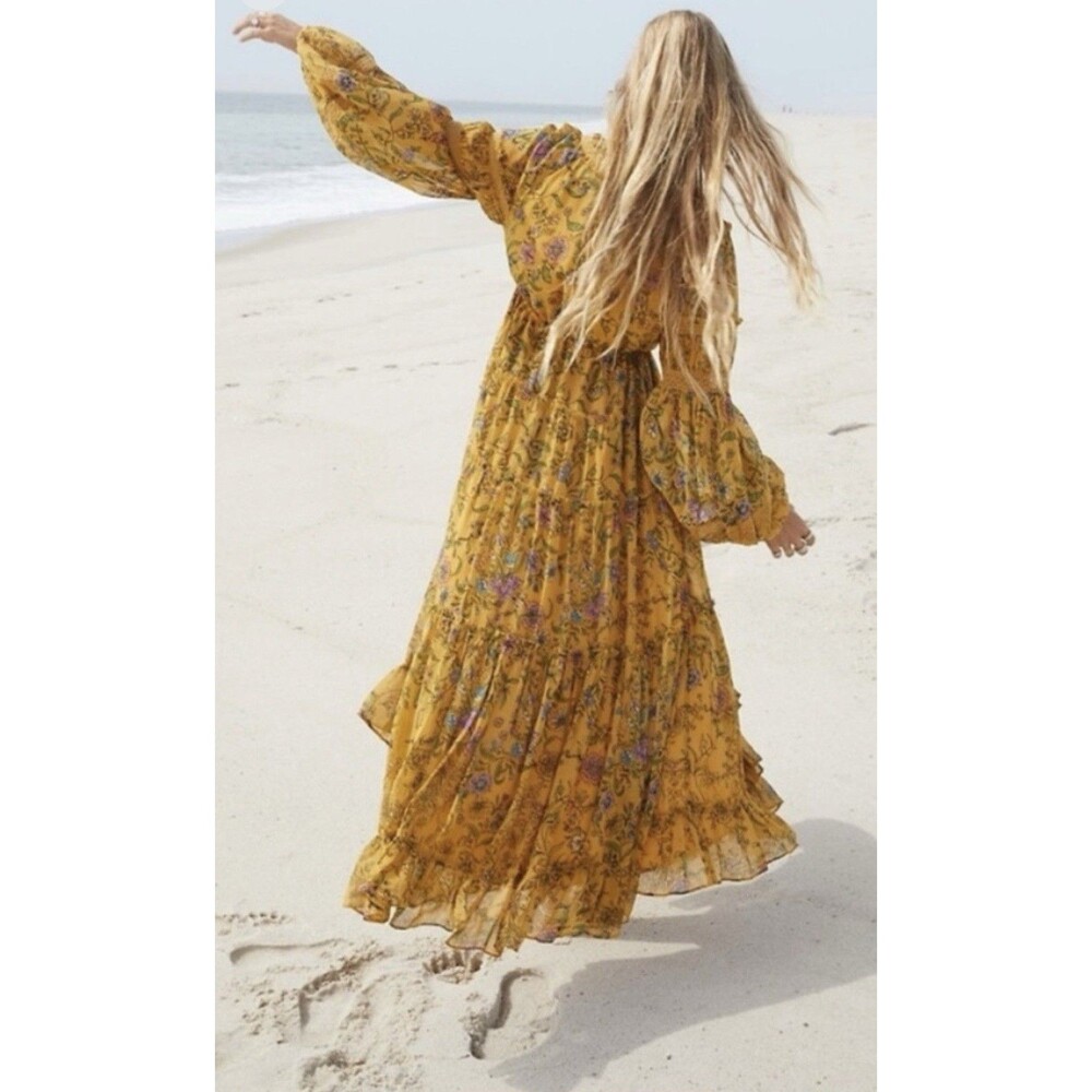 Free People Cassis Chiffon Maxi Dress Turmeric Floral Tiered Boho Festival Large - Picture 3 of 15